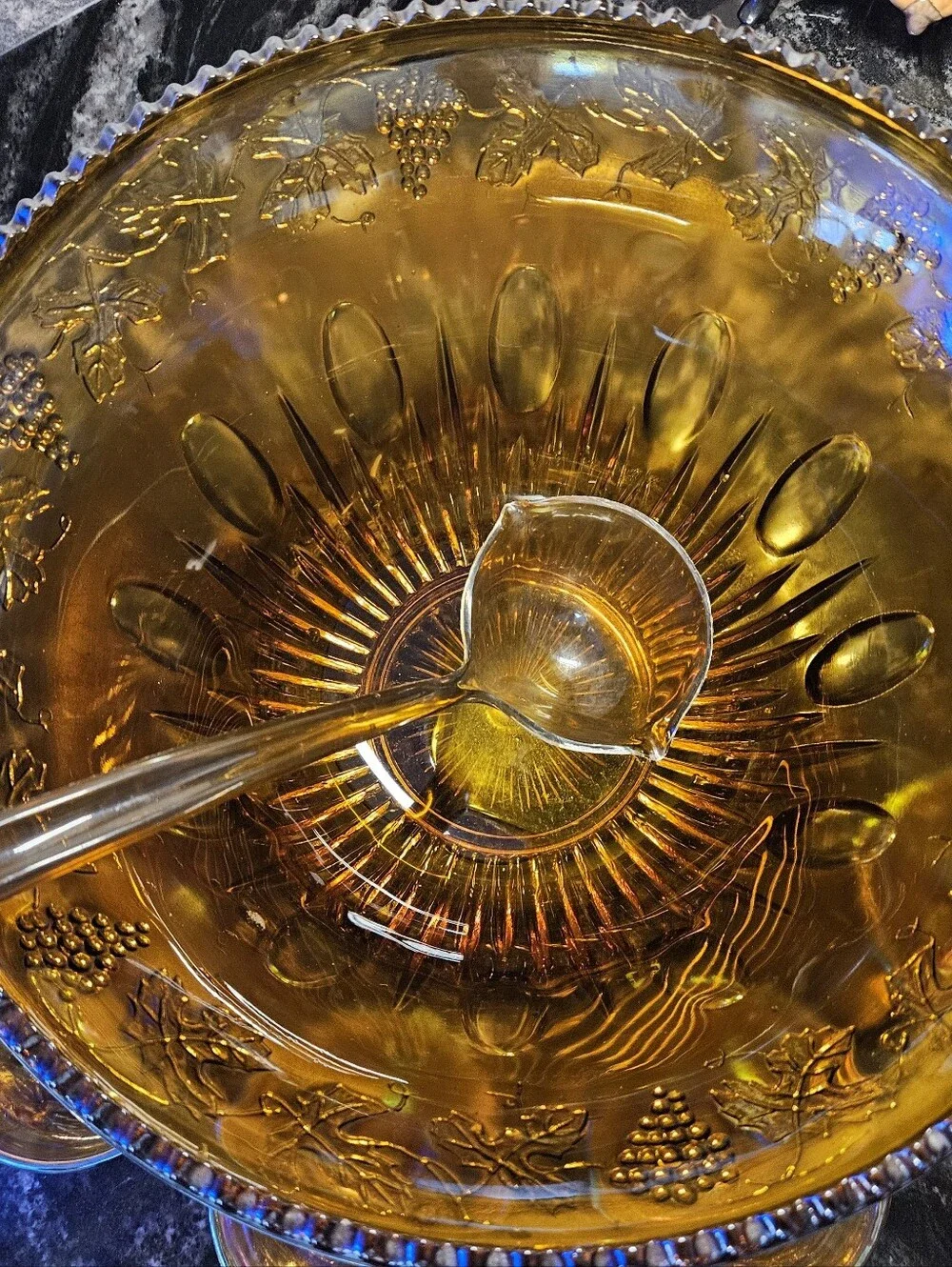 Vintage Indiana Glass Harvest Grape Punch Bowl Set -Iridescent Marigold Carnival